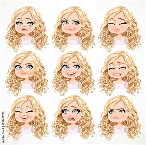 Beautiful Cartoon Blonde Girl With Magnificent Curly Hair Portrait Of Different Emotional States