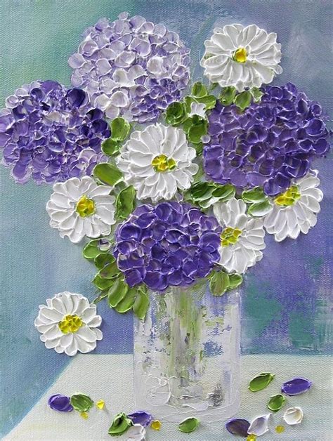 Original Oil Impasto Painting Lavender Hydrangeas And Daisies In A
