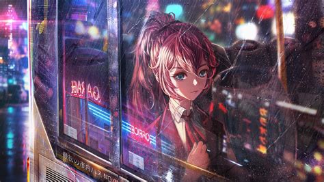 Anime Anime Girls Rain Window Illustration Blue Eyes City Lights