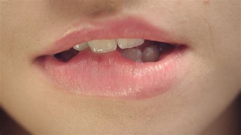 Female Face Of Sensual Woman Biting And Licking Plump Lips Lips And Mouth Stock Image Image
