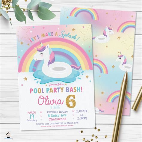 Unicorn Pool Party Invitation Editable Template Rainbow Cute Etsy