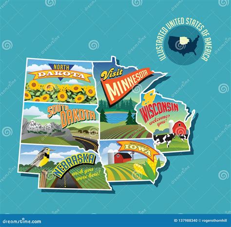 Illustrated Pictorial Map Of Midwest United States Stock Vector