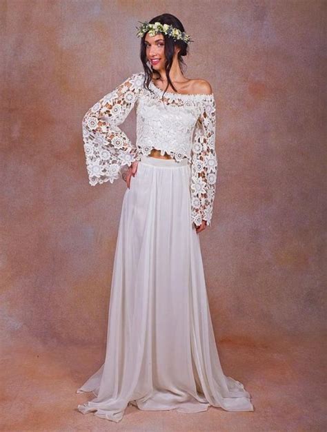 Alana 2 Piece Lace Silk Chiffon Bohemian Wedding Dress Bell Sleeve
