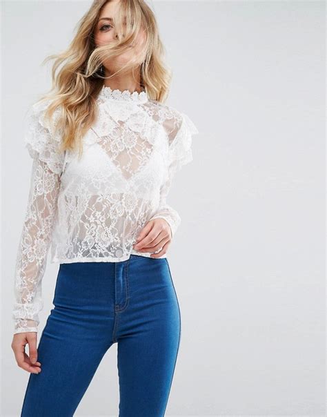 Asos Lace Top With High Neck And Ruffle Shoulder White White Lace
