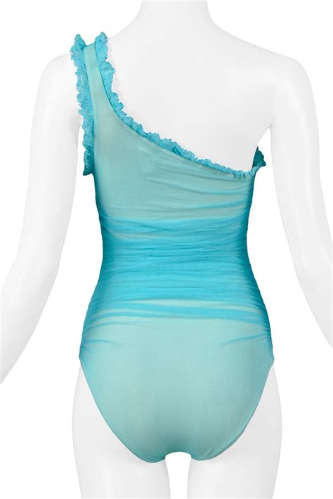 Vintage Chanel Turquoise Blue Asymmetrical One Piece Swimsuit 1984 At