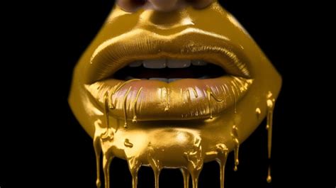 Premium Ai Image Gold Paint Drips From The Lips Lipgloss Dripping