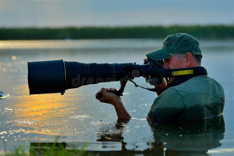 Wildlife Photographer Outdoor Standing In The Water Stock Photo