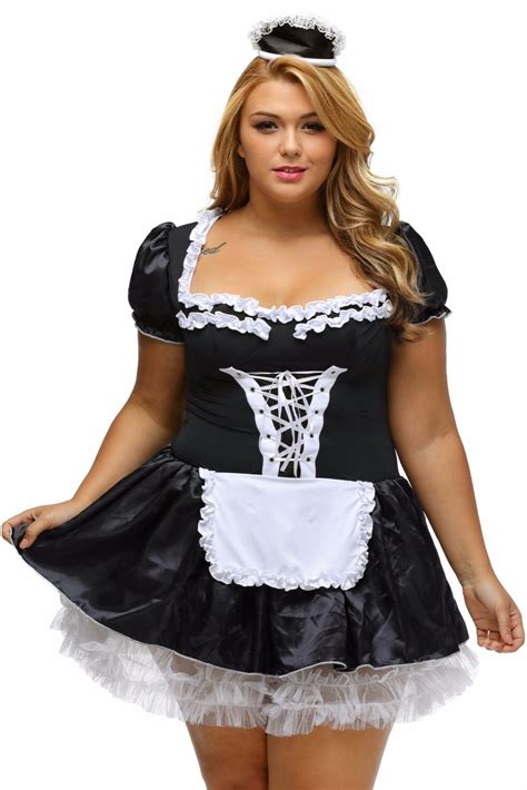 s 6xl black satin white lace fancy mini french maid dress cosplay sexy costume plus size