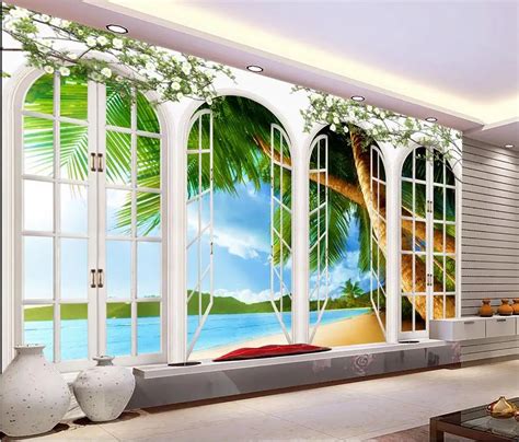 Custom 3d Wallpaper Seaside Backdrop Tree Outside The Window Photo Wall
