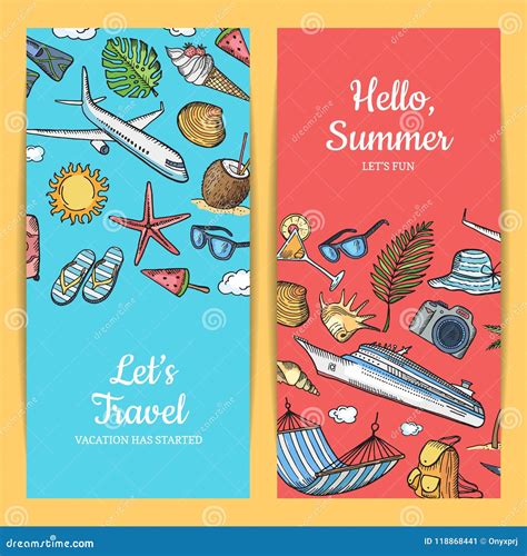 Vector Hand Drawn Summer Travel Elements Banners Illustration Stock