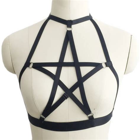 pentagram harness women black elastic body bondage cage bra top sexy reticular strapless corset