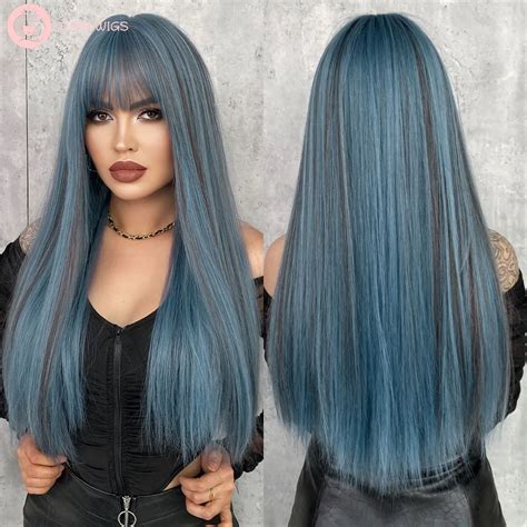7jhh Wigs Highlight Blue Wig For Woman Daily Party Long Straight Hair Wigs With Bangs Natural