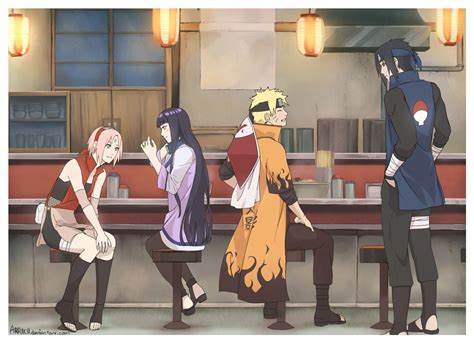 Hinata Sakura Naruto And Sasuke Standing In Bar Counter Hd Wallpaper