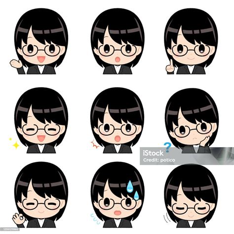 Facial Expression Set Of Black Haired Woman In Business Suit Stock