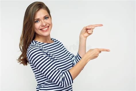 Smiling Woman Pointing Finger Side Stock Image Image Of Lady Posing 126988625