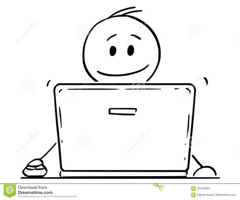 Cartoon Of Smiling Man Or Businessman Working On Laptop Or