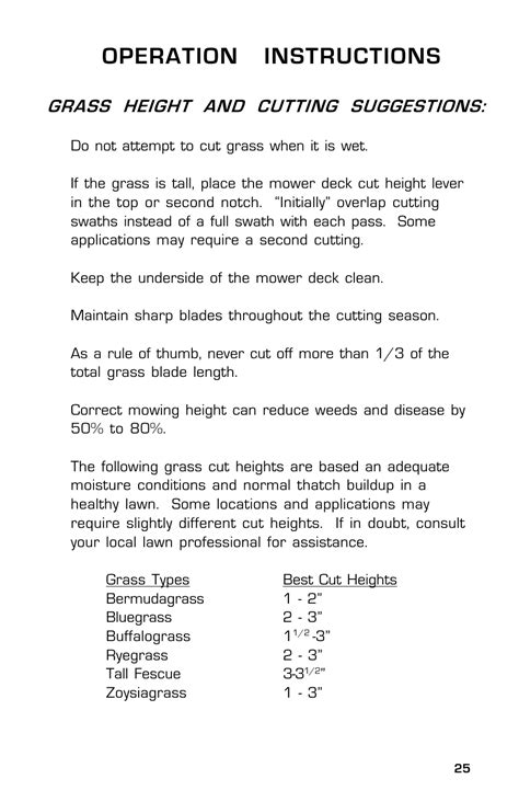 Operation Instructions Grass Height And Cutting Suggestions Dixon