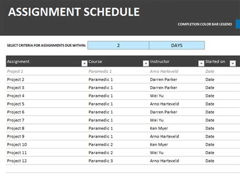 Weekly Assignment Schedule Office Templates