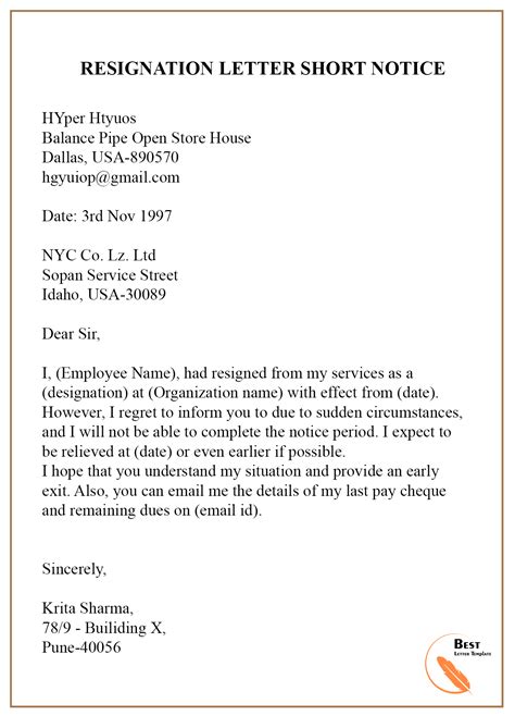 Resignation Letter Example Short Notice Collection Letter Template