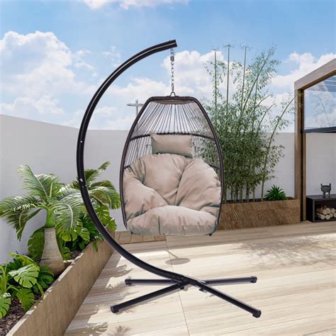 Wicker Hanging Egg Chair Outdoor Patio Furniture With Beige Brown