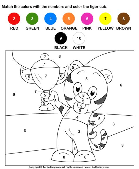 Color The Tiger Cub By Numbers Worksheet Turtle Diary