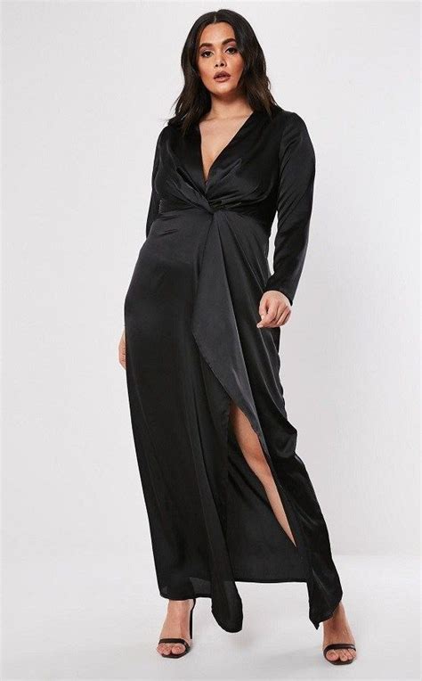plus size black satin thigh split maxi long sleeve dress a black satin long sleeve plus size