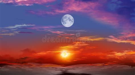 Beautiful Sunset With Moon Stock Image Image Of Glow 96112919