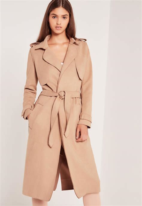 Missguided Raw Seam Faux Suede Trench Coat Nude In Sand Natural Lyst