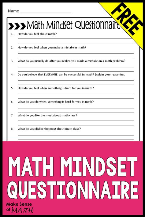 Math Mindset Questionnaire Back To School Maths Activities Middle