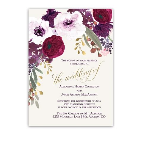 Floral Wedding Invitations Bohemian Purple Wine Flowers