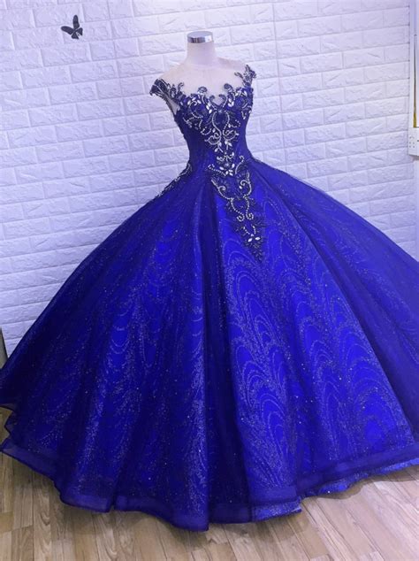 Royal Blue Short Sleeves Or Cap Sleeves Sparkle Beaded Ball Gown