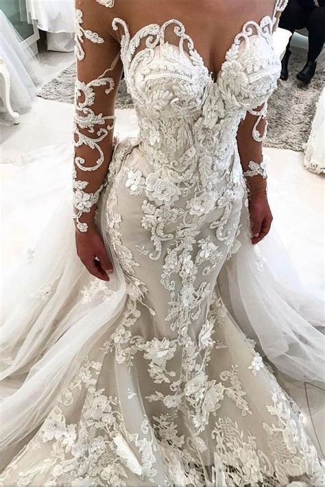 2018 Detachable Train Long Sleeves Scoop Mermaid Wedding Dresses With