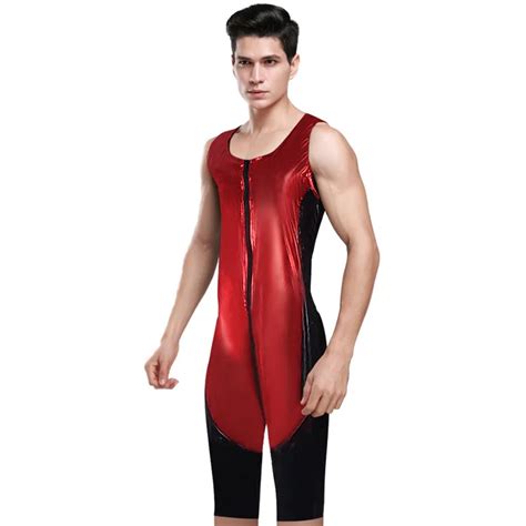 Mens Sleeveless Sexy Lingerie Faux Latex Tank Catsuit Zipper Gay