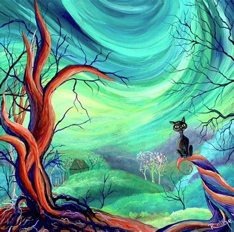 Whimsical Black Cat With Twisted Orange Tree Painting By Inspirations
