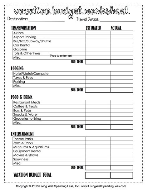 Printable Vacation Budget Worksheet Living Well Spending Less