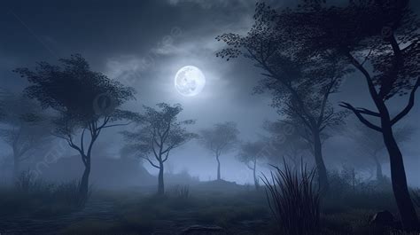 Moonlit Mystic Forest In Fog A 3d Rendered Night Scene Background