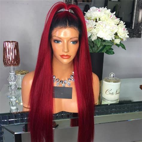 Premium clip in human hair extensions 100% real remy hair weft forever young uk. Ombre Red Human Hair Wigs Silky Straight Full Lace Wig ...