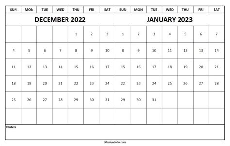 December 2022 January 2023 Blank Calendar With Notes Printable In 2022