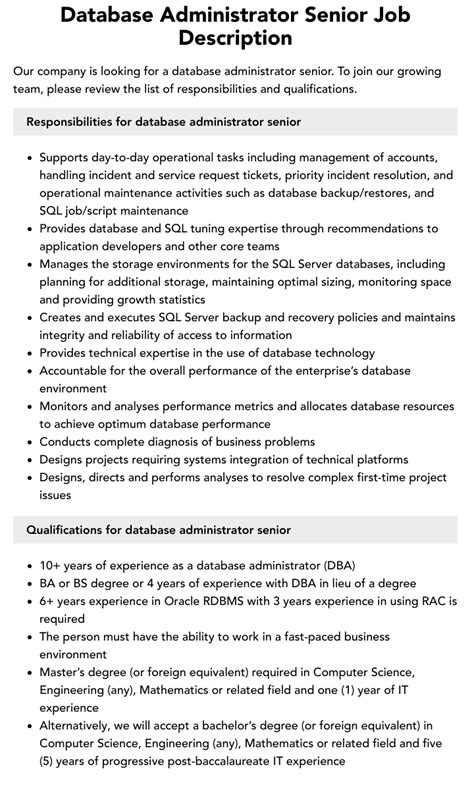 Database Administrator Senior Job Description Velvet Jobs