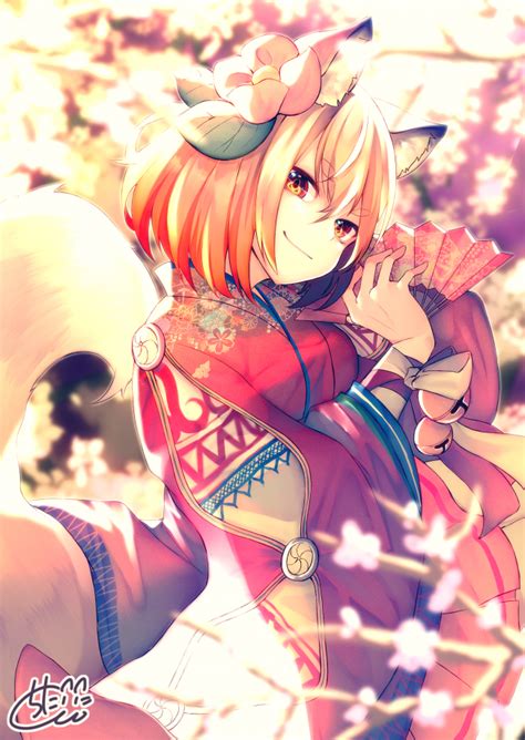 Wallpaper Anime Fox Girl Animal Ears Smiling Blonde