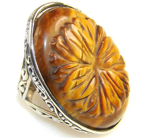 Design Carved Tigers Eye Sterling Silver Ring S 8 1 2 Bubblelounge