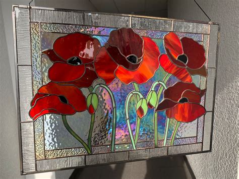 Stained Glass Panel Poppies Stained Glass Window Hanging Red Etsy