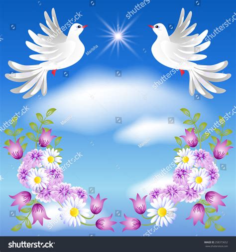 Flying Two White Doves In The Sky And Flowers Stock Photo 258373652