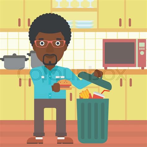 Savings on hundreds of items! An african-american man putting junk food into a trash bin ...