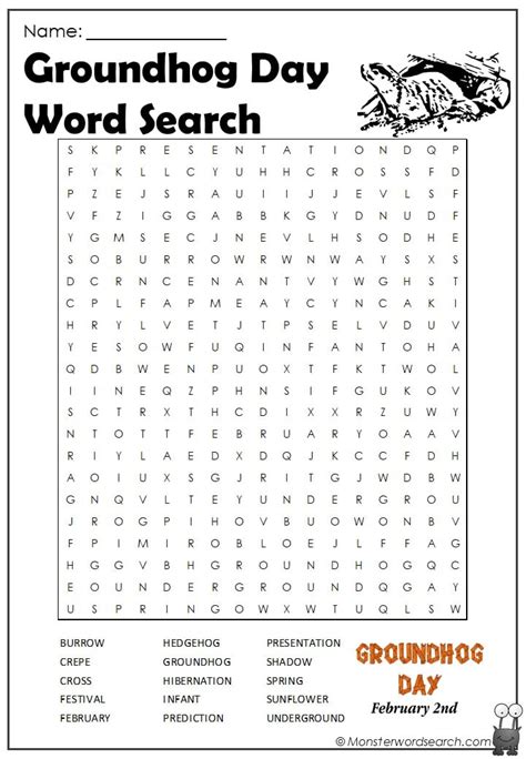 Groundhog Day Word Search Monster Word Search