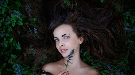 Wallpaper Face Forest Women Model Flowers Long Hair Blue Eyes