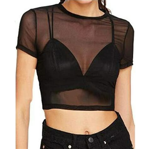 bonrich women sexy mesh sheer see through short sleeve gauze crop tops t shirt black female