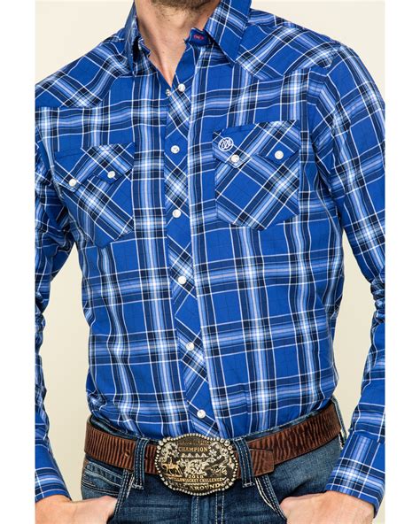 Wrangler Retro Mens Blue Plaid Long Sleeve Western Shirt Country