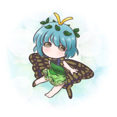 Safebooru 1girl Antennae Aqua Hair Barefoot Blush Brown Eyes Butterfly Wings Chibi Dress