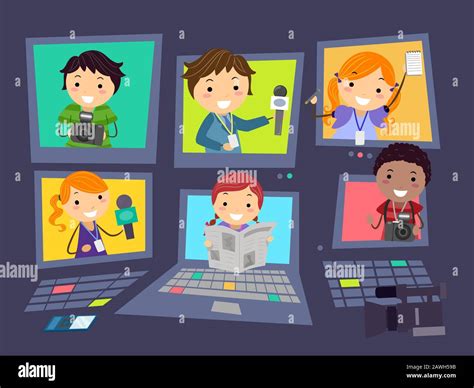 Illustration Of Stickman Kids Journalist On Monitors Or Screens In A